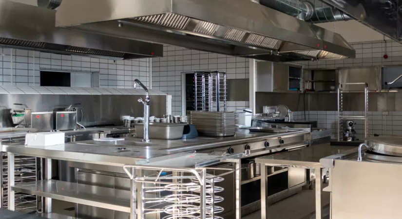 metal kitchen work surfaces in a commercial restaurant kitchen